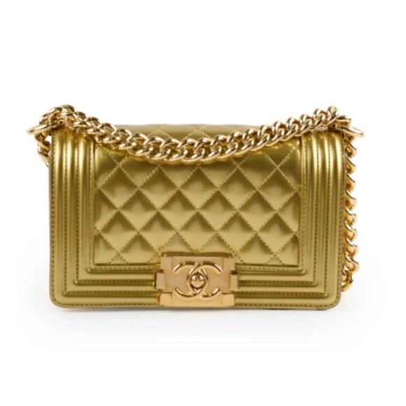 CHANEL CC METALLIC PATENT GOLD SMALL BOY BAG 19 SERIES VINTAGE PRELOVED - Picture 1 of 2